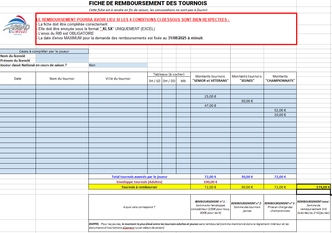 Remboursement des tournois