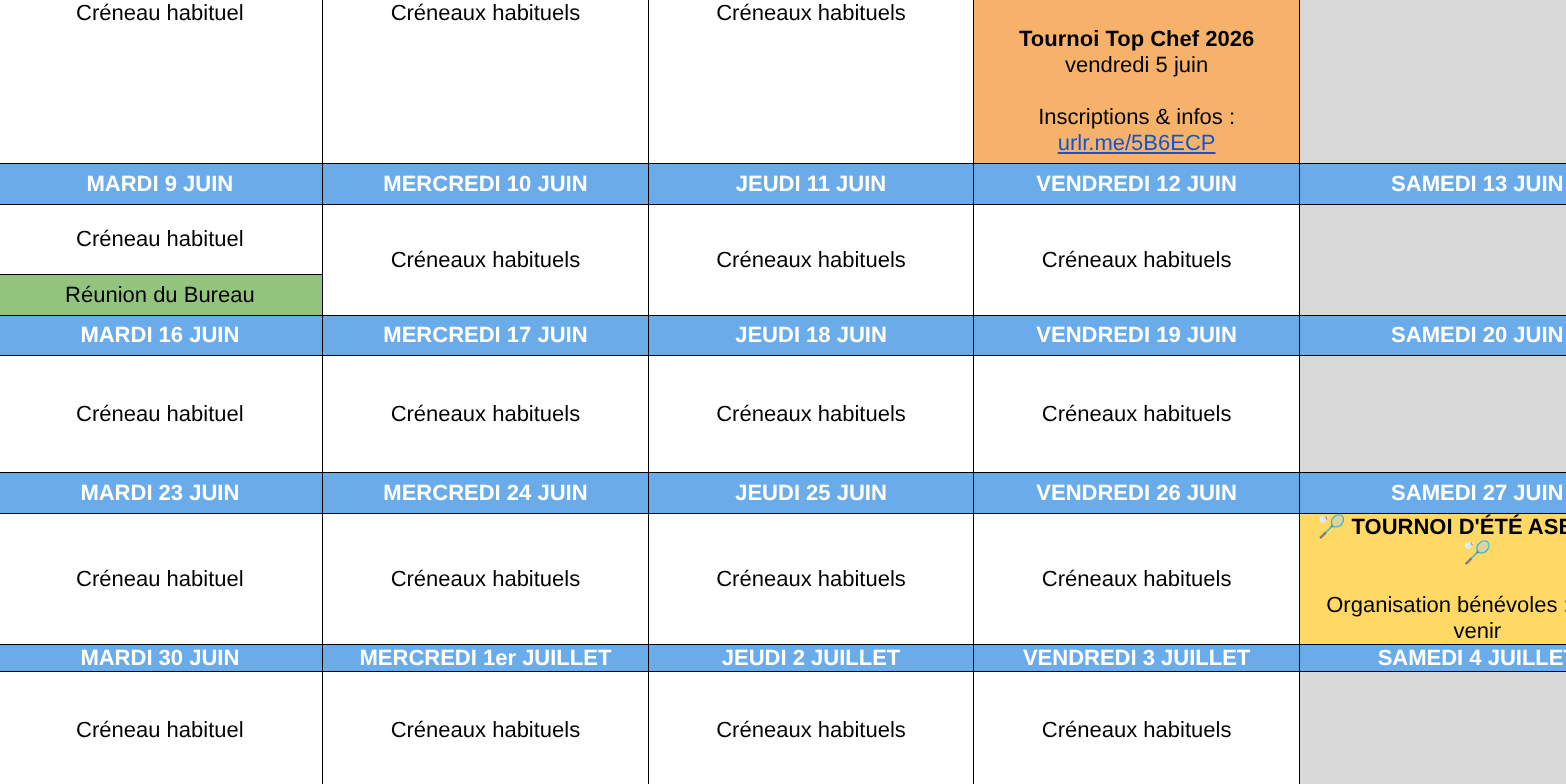 Calendrier de l'ASBAD 87